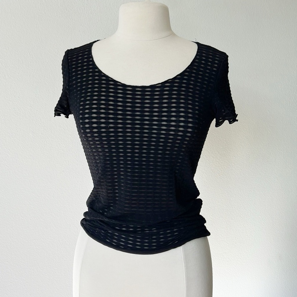 Armani Collezioni Black Sheer Open-Knit Short Sleeve Tee